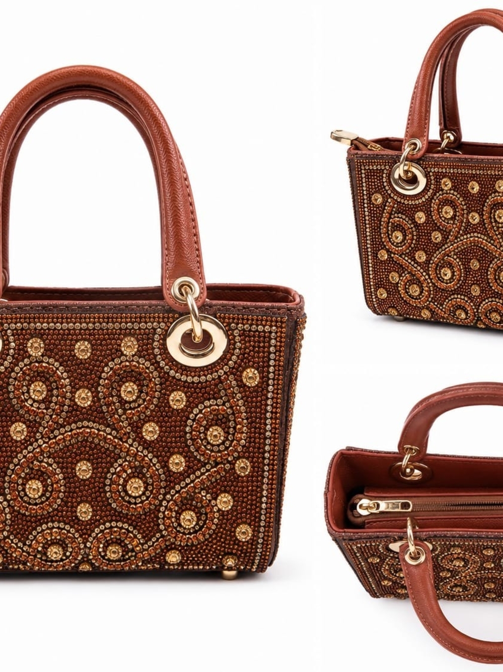Embellished Brown Mini Tote with Gold Accents